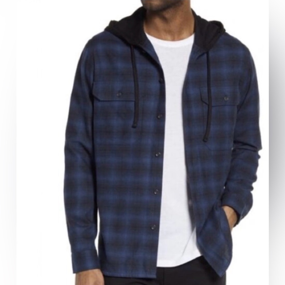VINCE Tonal Shadow Plaid Hooded Shirt in blue men’s XL